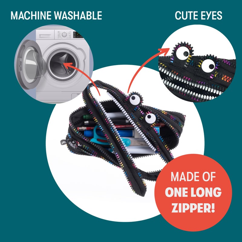 ZIPIT Monster Pencil Case for Kids, Cute Zipper Pouch for Boys Girls and Teens, Stationery Bag for School ,Black & Rainbow - Image 3
